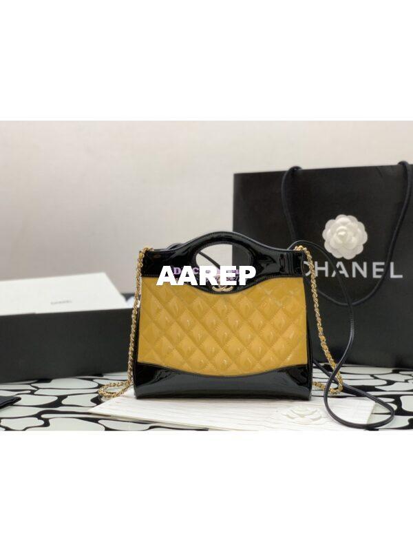 Replica Chanel 31 Mini Shopping Bag Patent Calfskin & Gold-Tone Metal AS4133 Yellow Black 4