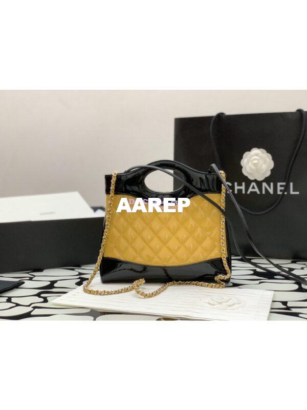 Replica Chanel 31 Mini Shopping Bag Patent Calfskin & Gold-Tone Metal AS4133 Yellow Black 8