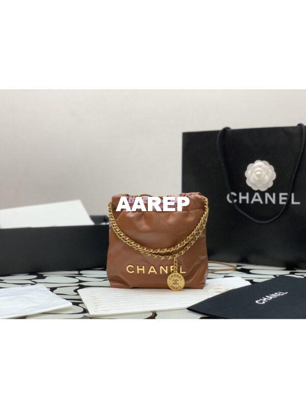 Replica Chanel Mini 22 Handbag Shiny Calfskin & Gold Metal AS3980 Brown