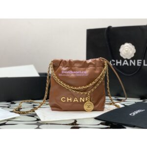 Replica Chanel Mini 22 Handbag Shiny Calfskin & Gold Metal AS3980 Brown 2