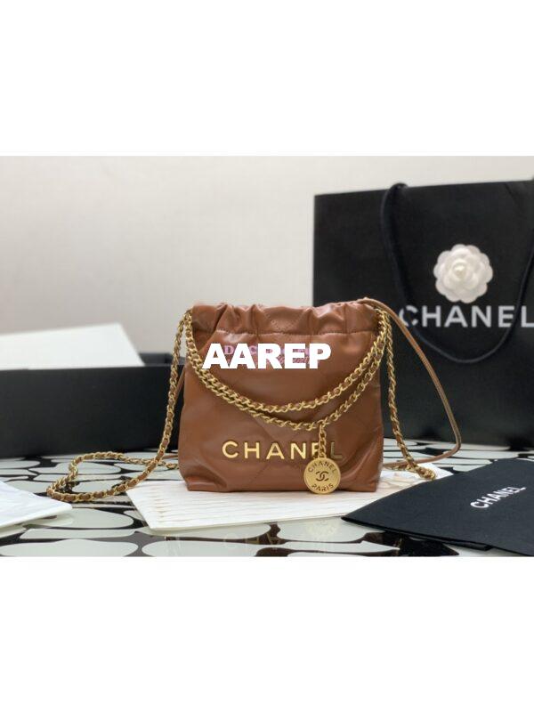 Replica Chanel Mini 22 Handbag Shiny Calfskin & Gold Metal AS3980 Brown 2