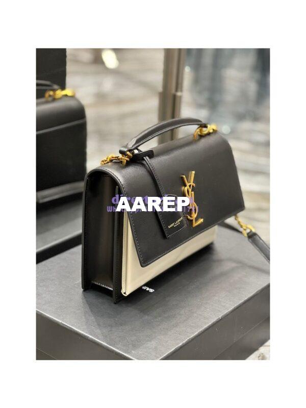 Replica YSL Saint Laurent Medium Sunset Satchel In Smooth Leather 634723 Black Blanc 6