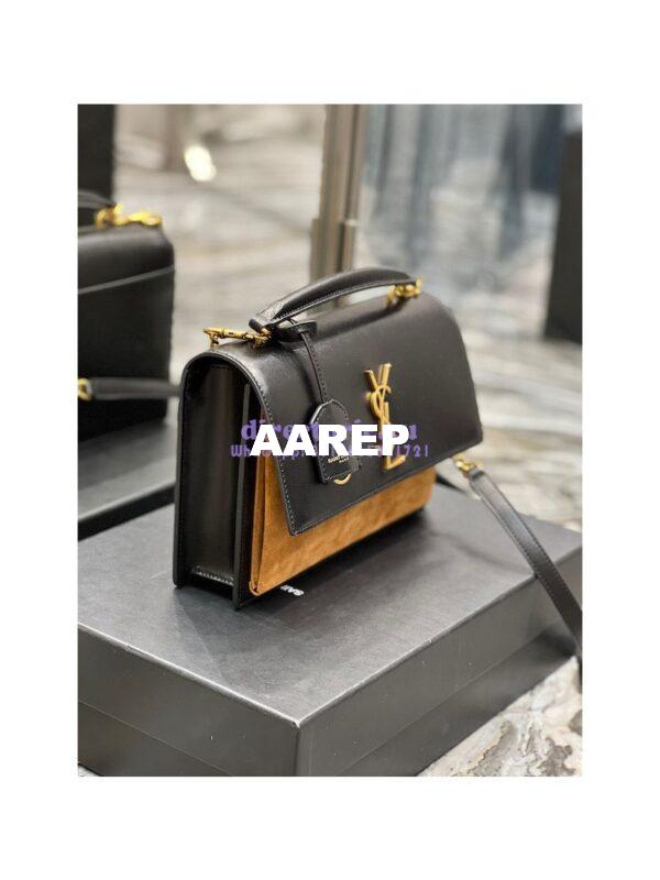 Replica YSL Saint Laurent Medium Sunset Satchel In Shiny Vegetable-tanned Leather 634723 Military Taupe 7