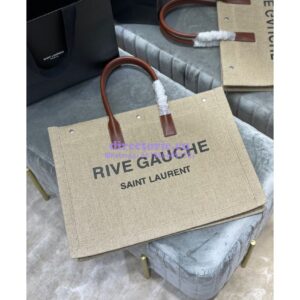 Replica YSL Saint Laurent Rive Gauche Tote Bag In Linen And Leather 499290 Brown Blanc