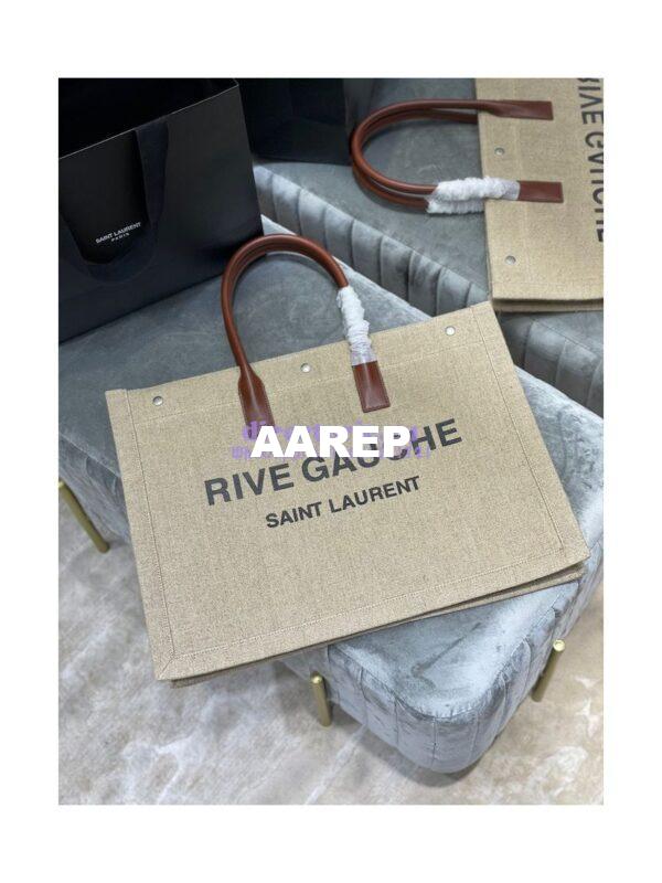 Replica YSL Saint Laurent Rive Gauche Tote Bag In Linen And Leather 499290 Brown Blanc