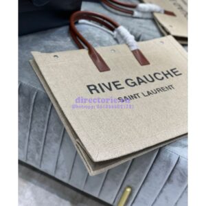 Replica YSL Saint Laurent Rive Gauche Tote Bag In Linen And Leather 499290 Brown Blanc 2
