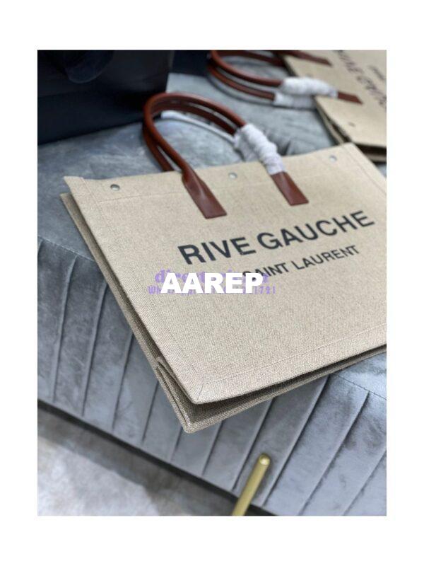 Replica YSL Saint Laurent Rive Gauche Tote Bag In Linen And Leather 499290 Brown Blanc 2