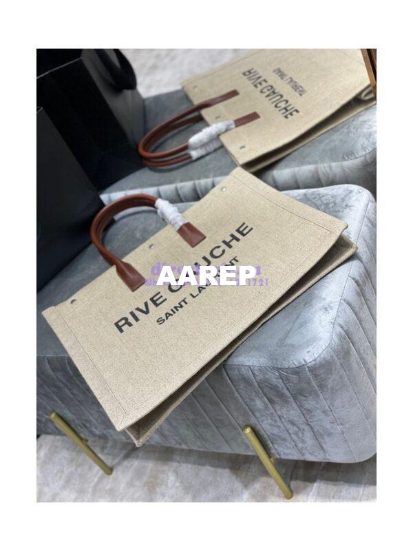 Replica YSL Saint Laurent Rive Gauche Tote Bag In Linen And Leather 499290 Brown Blanc 5