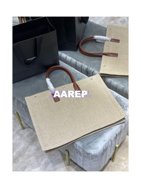 Replica YSL Saint Laurent Rive Gauche Tote Bag In Linen And Leather 499290 Brown Blanc 6