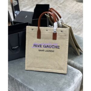 Replica YSL Saint Laurent Rive Gauche N/s Shopping Bag In Linen And Cotton 631682 Brown Blanc