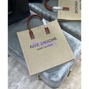 Replica YSL Saint Laurent Rive Gauche N/s Shopping Bag In Linen And Cotton 631682 Brown Blanc 2