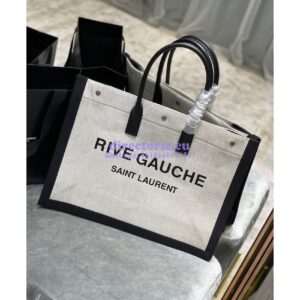 Replica YSL Saint Laurent Rive Gauche Tote Bag In Linen And Leather 499290 Black White