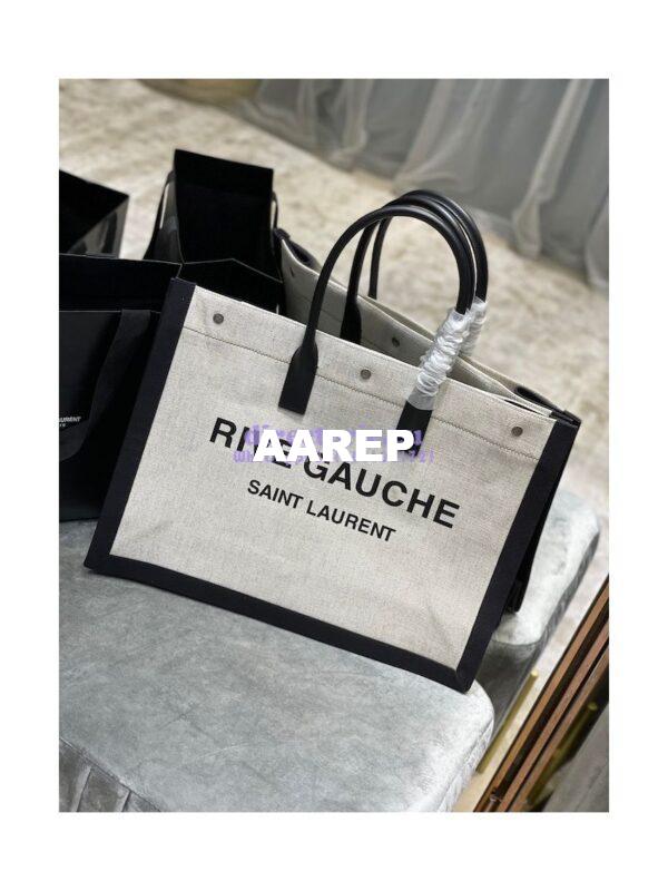 Replica YSL Saint Laurent Rive Gauche Tote Bag In Linen And Leather 499290 Black White 3