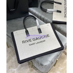 Replica YSL Saint Laurent Rive Gauche Tote Bag In Linen And Leather 499290 Black White 2