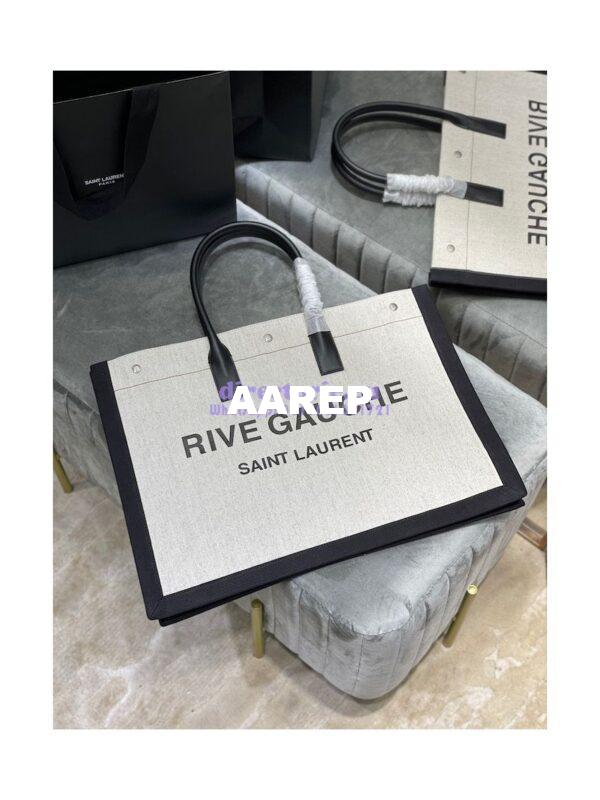 Replica YSL Saint Laurent Rive Gauche Tote Bag In Linen And Leather 499290 Black White 4