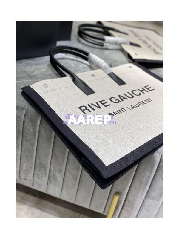 Replica YSL Saint Laurent Rive Gauche Tote Bag In Linen And Leather 499290 Black White 5
