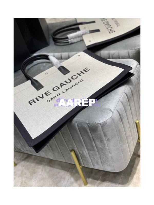 Replica YSL Saint Laurent Rive Gauche Tote Bag In Linen And Leather 499290 Black White 6