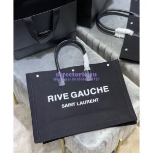 Replica YSL Saint Laurent Rive Gauche Tote Bag In Linen And Leather 499290 Black 2