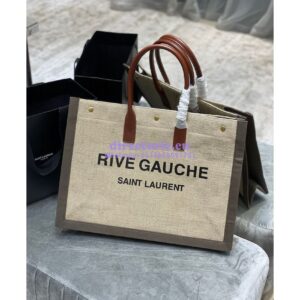 Replica YSL Saint Laurent Rive Gauche Tote Bag In Linen And Leather 499290 Brown