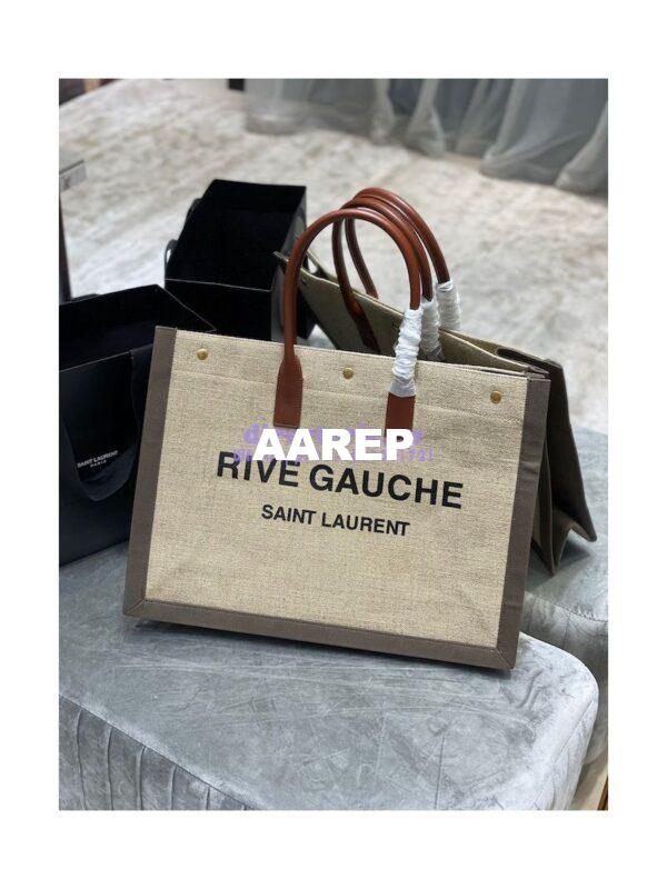 Replica YSL Saint Laurent Rive Gauche Tote Bag In Linen And Leather 499290 Brown 3