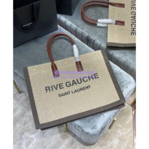 Replica YSL Saint Laurent Rive Gauche Tote Bag In Linen And Leather 499290 Brown 2
