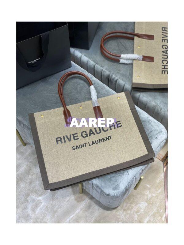 Replica YSL Saint Laurent Rive Gauche Tote Bag In Linen And Leather 499290 Brown 4