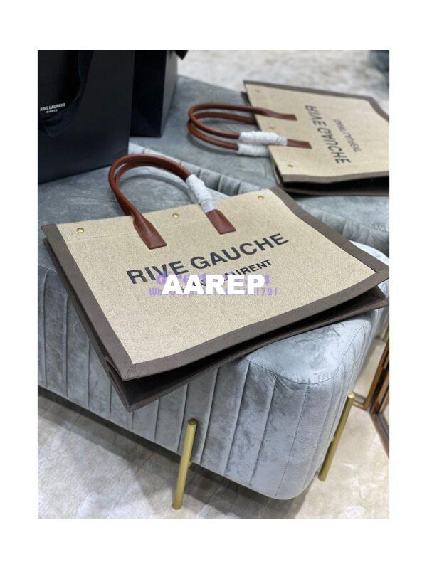 Replica YSL Saint Laurent Rive Gauche Tote Bag In Linen And Leather 499290 Brown 5