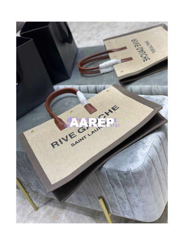 Replica YSL Saint Laurent Rive Gauche Tote Bag In Linen And Leather 499290 Brown 7