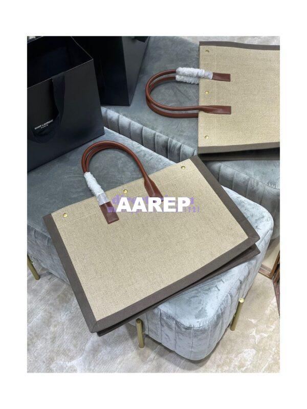 Replica YSL Saint Laurent Rive Gauche Tote Bag In Linen And Leather 499290 Brown 9
