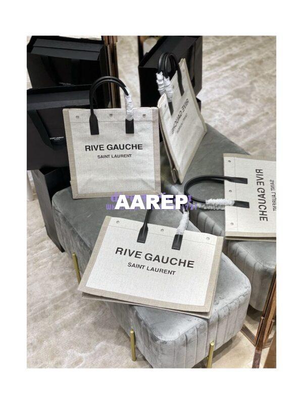 Replica YSL Saint Laurent Rive Gauche Tote Bag In Linen And Leather 499290 White 3