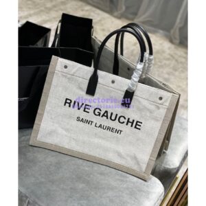 Replica YSL Saint Laurent Rive Gauche Tote Bag In Linen And Leather 499290 White 2
