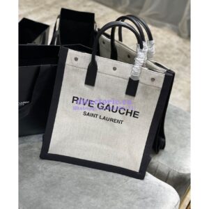 Replica YSL Saint Laurent Rive Gauche N/s Shopping Bag In Linen And Cotton 631682 White Black