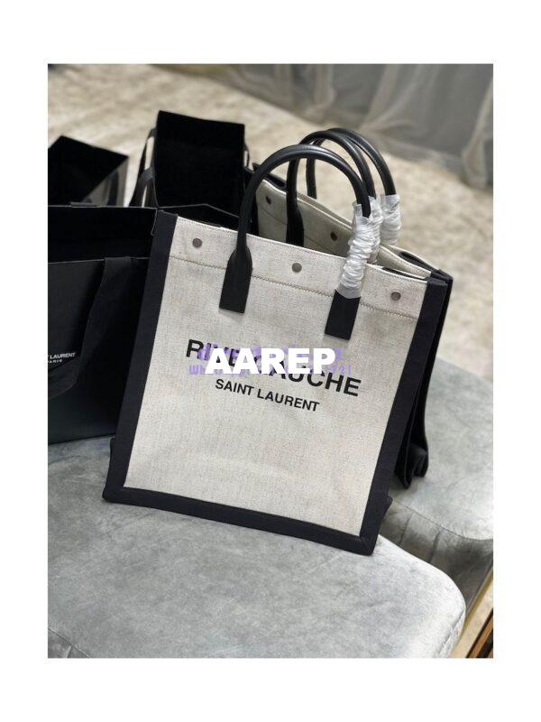 Replica YSL Saint Laurent Rive Gauche N/s Shopping Bag In Linen And Cotton 631682 White Black 3