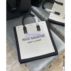 Replica YSL Saint Laurent Rive Gauche N/s Shopping Bag In Linen And Cotton 631682 White Black 2