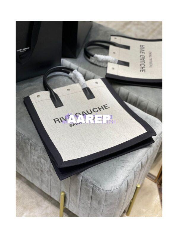 Replica YSL Saint Laurent Rive Gauche N/s Shopping Bag In Linen And Cotton 631682 White Black 5