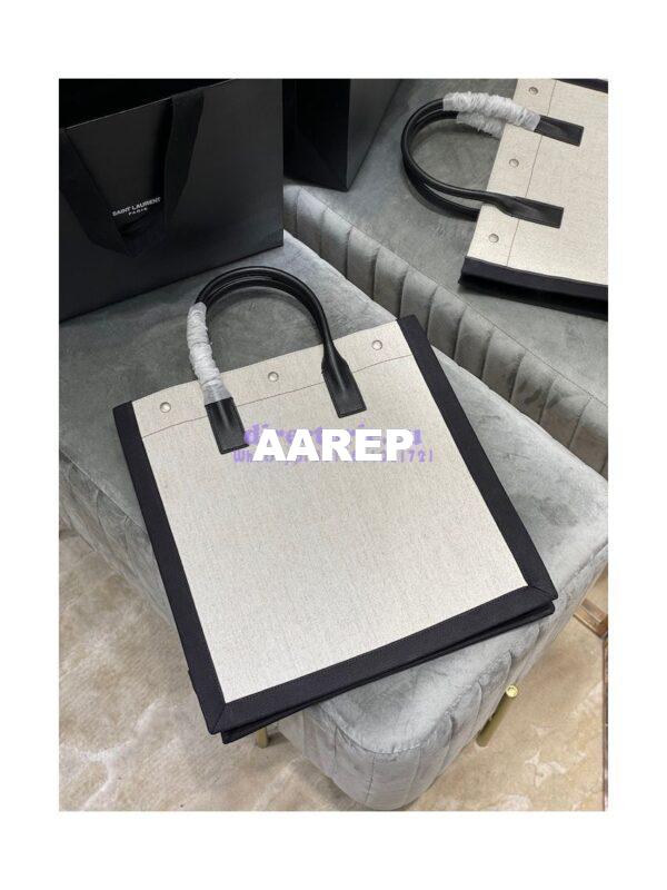 Replica YSL Saint Laurent Rive Gauche N/s Shopping Bag In Linen And Cotton 631682 White Black 8