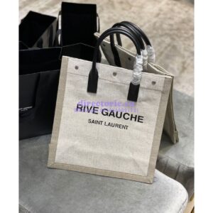 Replica YSL Saint Laurent Rive Gauche N/s Shopping Bag In Linen And Cotton 631682 White