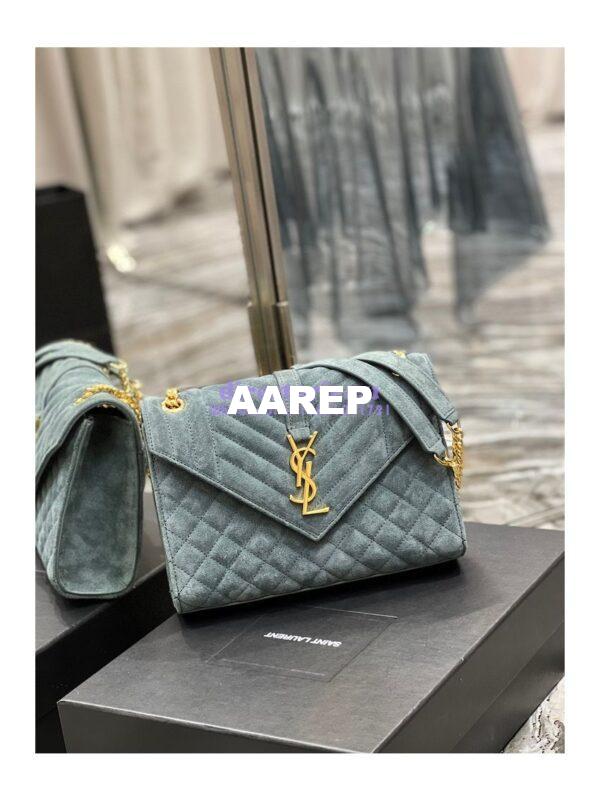 Replica YSL Saint Laurent Envelope Medium Bag In Mix Matelassé Suede Calf 600185 Green 2
