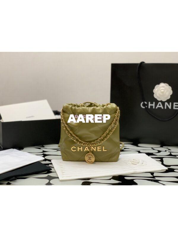 Replica Chanel Mini 22 Handbag Shiny Calfskin & Gold Metal AS3980 Green Khaki