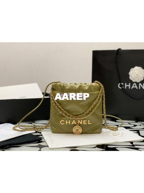 Replica Chanel Mini 22 Handbag Shiny Calfskin & Gold Metal AS3980 Green Khaki 2