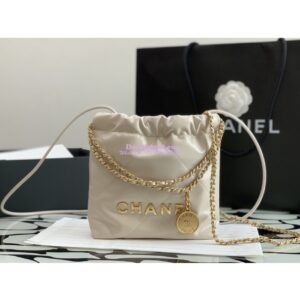 Replica Chanel Mini 22 Handbag Shiny Calfskin & Gold Metal AS3980 Ecru
