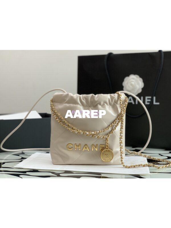 Replica Chanel Mini 22 Handbag Shiny Calfskin & Gold Metal AS3980 Ecru