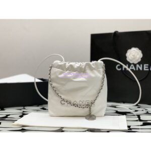 Replica Chanel Mini 22 Handbag Shiny Calfskin & Silver Metal AS3980 White