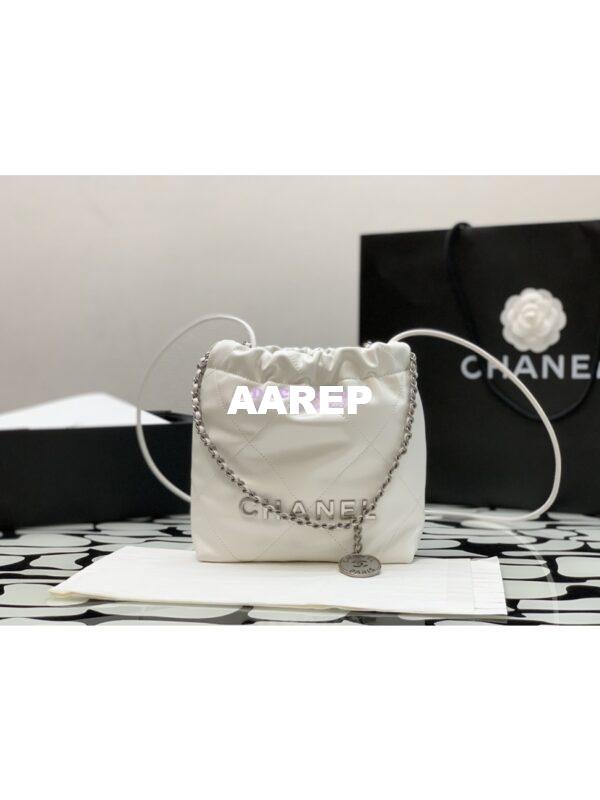 Replica Chanel Mini 22 Handbag Shiny Calfskin & Silver Metal AS3980 White
