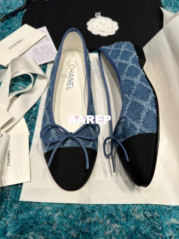 Replica Chanel Tweed and Grossgrain Cap Toe Ballerinas G02819 BlackJean Blue