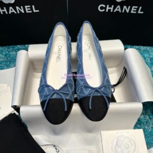 Replica Chanel Tweed and Grossgrain Cap Toe Ballerinas G02819 BlackJean Blue 2