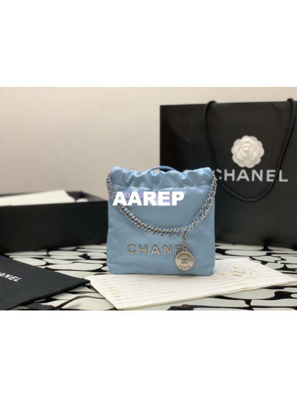 Replica Chanel Mini 22 Handbag Shiny Calfskin & Gold Metal AS3980 Light Blue