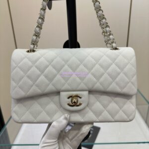 Replica Chanel CF 1112 Classic Flap Bag Qulited Grainy Caviar with Light Gold Hardware in White