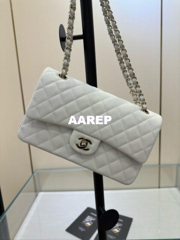 Replica Chanel CF 1112 Classic Flap Bag Qulited Grainy Caviar with Light Gold Hardware in White 2