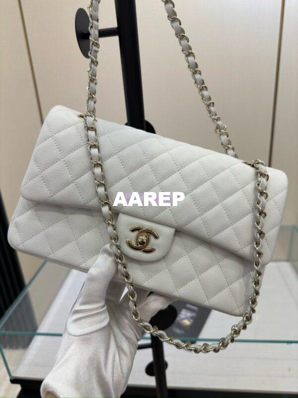Replica Chanel CF 1112 Classic Flap Bag Qulited Grainy Caviar with Light Gold Hardware in White 3